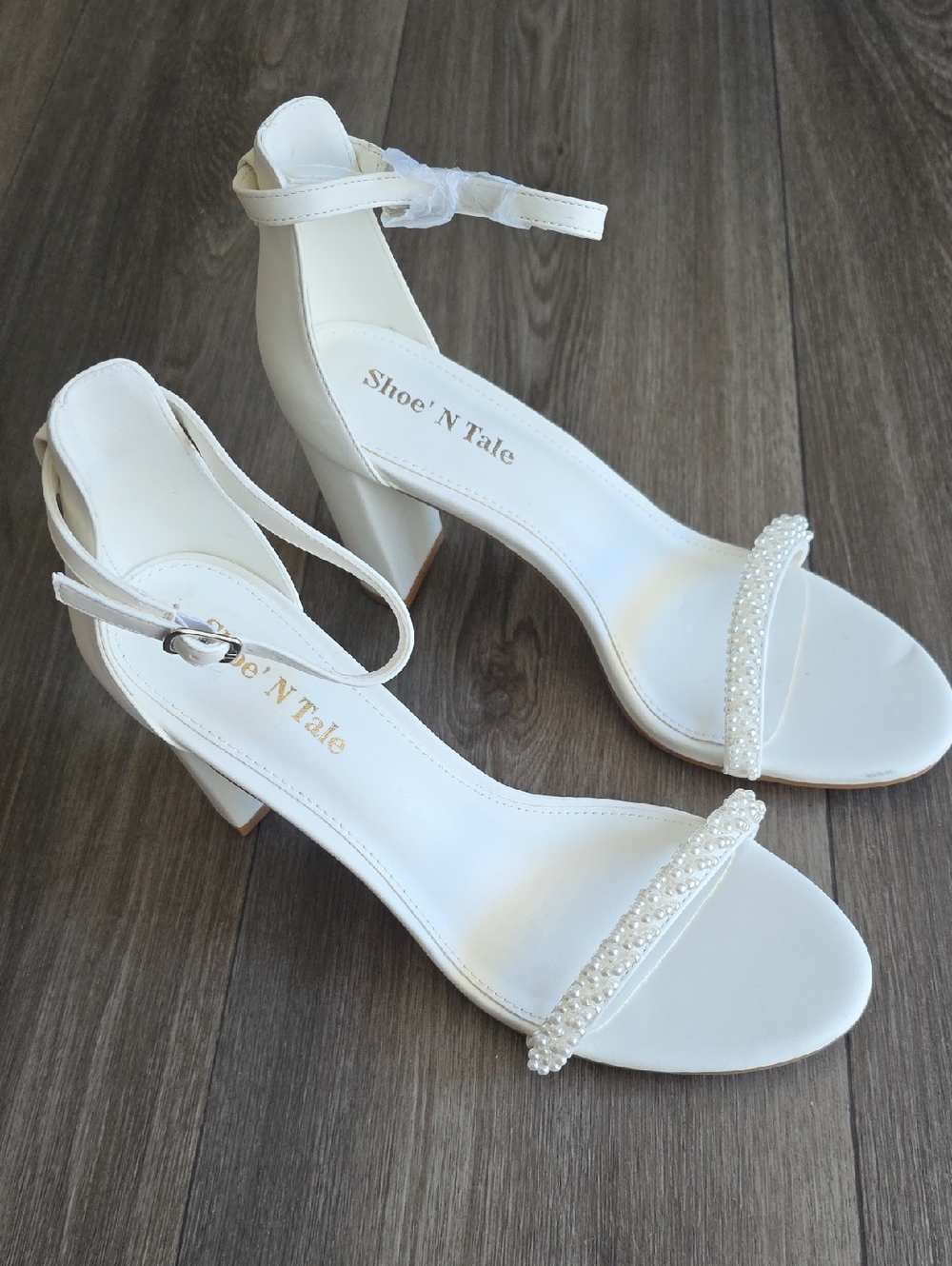 ShoeNTale Ivory Pearl-Strap Ankle-Heel Sandals